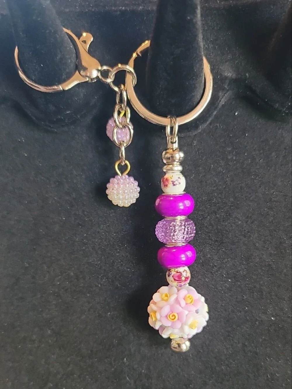 Purple Floral Bead Charm Keychain Necklace
